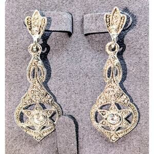 Silver Tone Deco Inspired Marcasite CZ Dangle Star Earrings